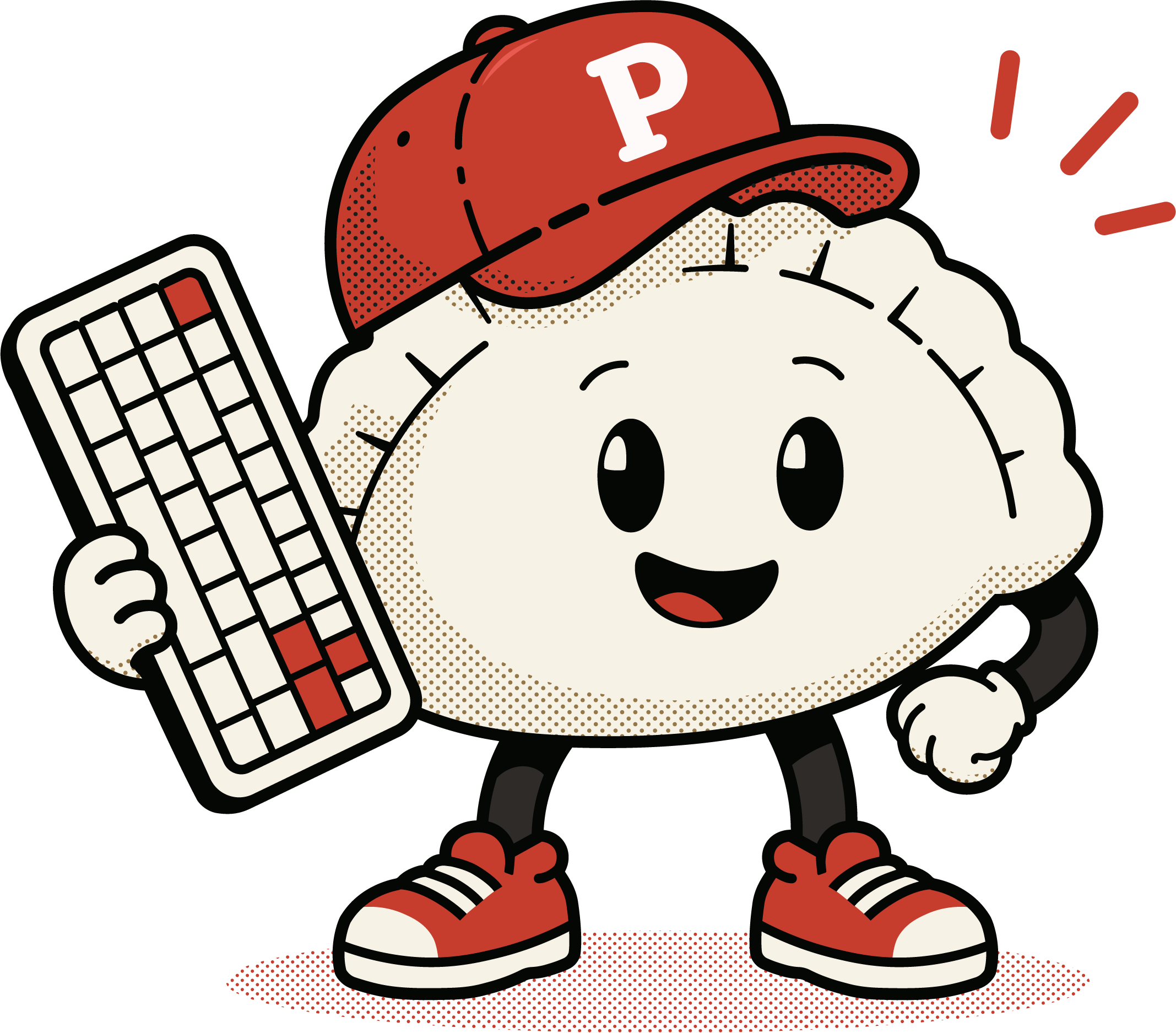 Pierogi Works mascot holding a keyboard